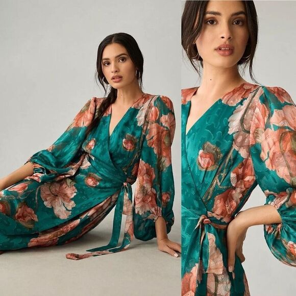 XXS Anthropologie Hutch V-neck Textured Long Sleeve Maxi Wrap Dress - Picture 4 of 13